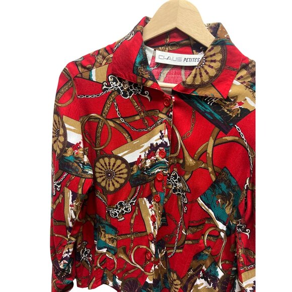 Chause Petite Vintage 90's Red and Gold Equestrian Print Silk Blend Button Down - Picture 1 of 6